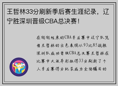 王哲林33分刷新季后赛生涯纪录，辽宁胜深圳晋级CBA总决赛！
