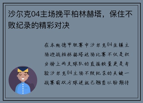 沙尔克04主场挽平柏林赫塔，保住不败纪录的精彩对决
